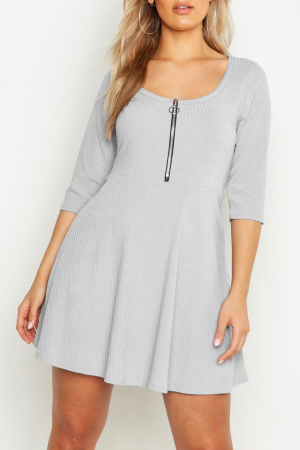 PLUS SIZE GREY SOFT RIB ZIP FRONT SKATER DRESS